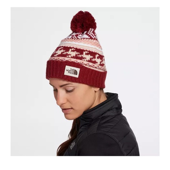 The North Face Women's Fair Isle Beanie Maroon Hat NWT Oversized Pom - Picture 7 of 9